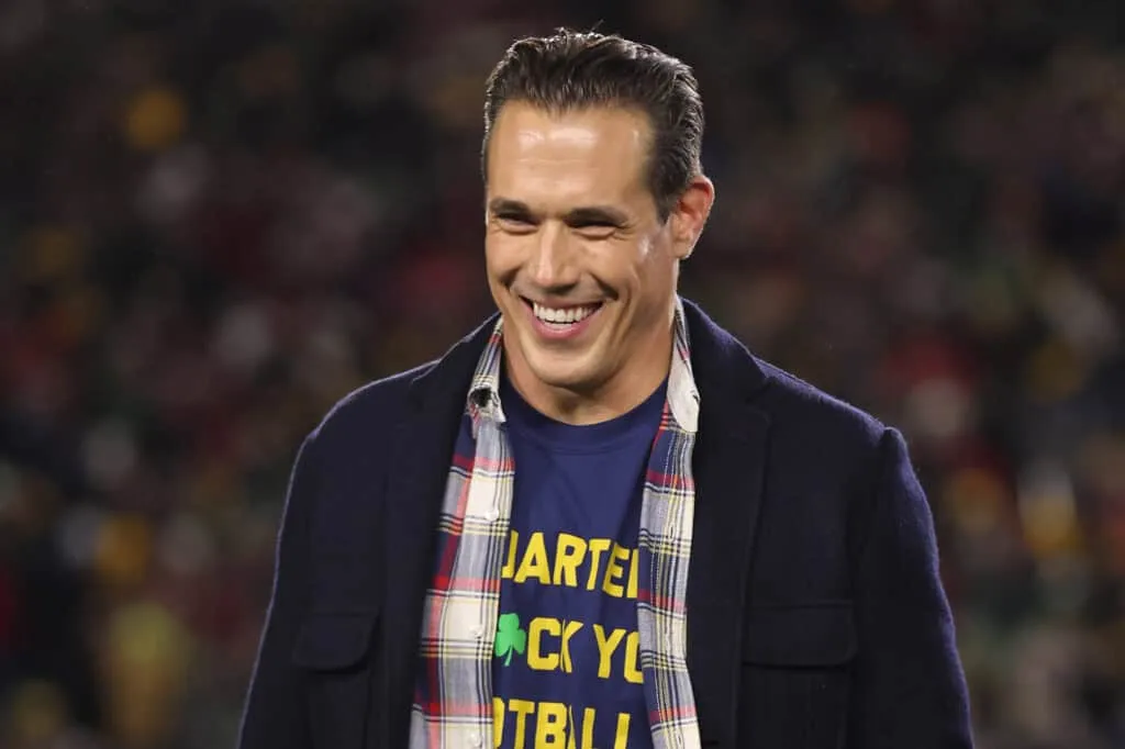 SOUTH BEND, INDIANA - DECEMBER 20: Former Notre Dame Fighting Irish quarterback Brady Quinn looks on in the Playoff First Round game against the Indiana Hoosiers at Notre Dame Stadium on December 20, 2024 in South Bend, Indiana.