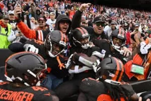 CLEVELAND, OHIO - OCTOBER 19: Rayshawn Jenkins #5 of the Cleveland Browns celebrates with teammates after an interception against the Miami Dolphins during the fourth quarter at Huntington Bank Field on October 19, 2025 in Cleveland, Ohio.
