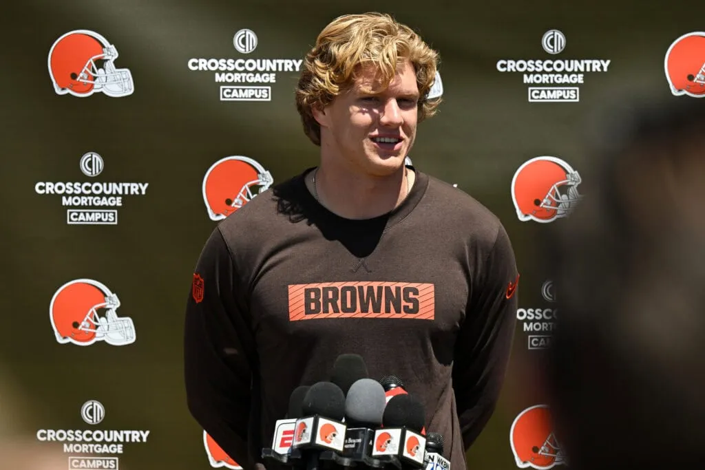 BEREA, OHIO - MAY 09: Carson Schwesinger #49 of the Cleveland Browns answers questions from the media during a press conference prior to rookie minicamp at CrossCountry Mortgage Campus on May 09, 2025 in Berea, Ohio.