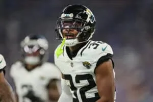 INDIANAPOLIS, INDIANA - SEPTEMBER 10: Tyson Campbell #32 of the Jacksonville Jaguars celebrates against the Indianapolis Colts at Lucas Oil Stadium on September 10, 2023 in Indianapolis, Indiana.