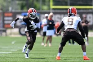 BEREA, OHIO - JUNE 11: Jerry Jeudy #3 of the Cleveland Browns runs a drill during Cleveland Browns mandatory minicamp at CrossCountry Mortgage Campus on June 11, 2025 in Berea, Ohio.