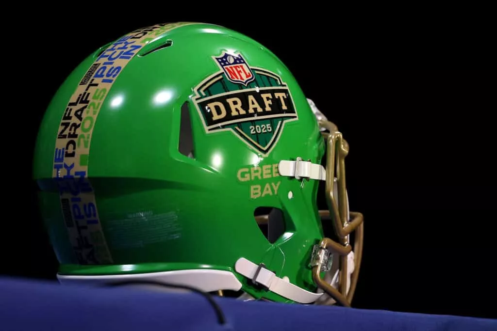 GREEN BAY, WISCONSIN - APRIL 24: A detailed view of helmet is seen during a press conference during the first round of the 2025 NFL Draft at Lambeau Field on April 24, 2025 in Green Bay, Wisconsin.