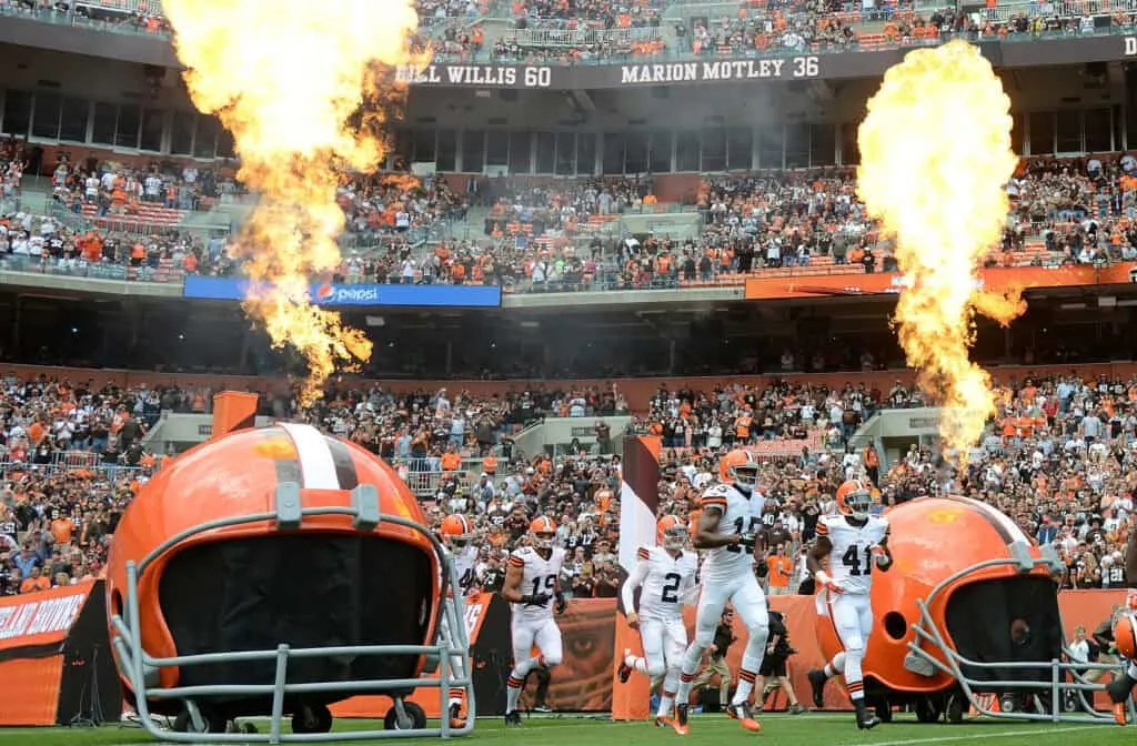 CLEVELAND, OH - SEPTEMBER 14: Johnny Manziel #2 of the Cleveland Browns runs on the field alongside teammates prior to the game against the New Orleans Saints at FirstEnergy Stadium on September 14, 2014 in Cleveland, Ohio.