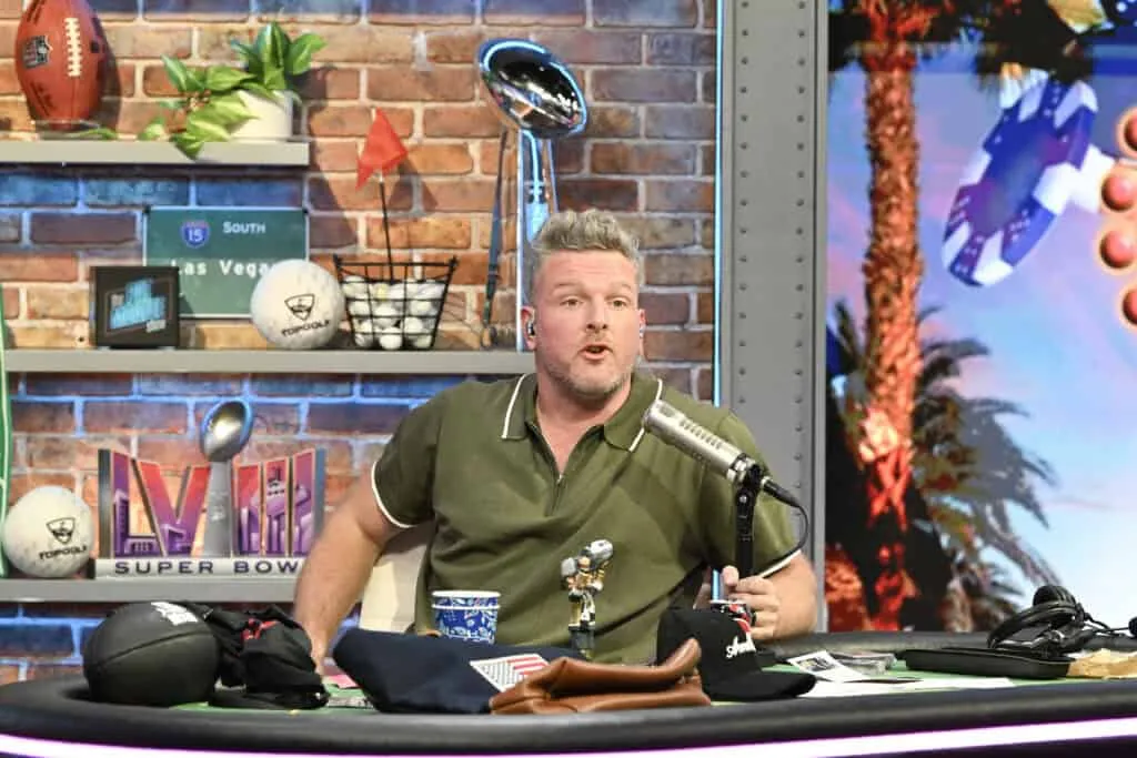 LAS VEGAS, NEVADA - FEBRUARY 08: Pat McAfee hosts his show The Pat McAfee Show on Radio Row at the Mandalay Bay Convention Center ahead of Super Bowl LVIII on February 08, 2024 in Las Vegas, Nevada.