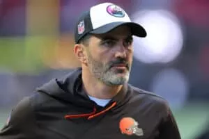 Head coach Kevin Stefanski of the Cleveland Browns looks on during pregame warmups before the game against the Atlanta Falcons at Mercedes-Benz Stadium on October 02, 2022 in Atlanta, Georgia