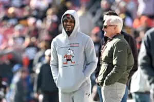 CLEVELAND, OHIO - NOVEMBER 19: Deshaun Watson #4 of the Cleveland Browns meets with owner Jimmy Haslam before the game against the Pittsburgh Steelers at Cleveland Browns Stadium on November 19, 2023 in Cleveland, Ohio.