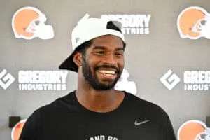 BEREA, OHIO - JULY 25: Quarterback Shedeur Sanders #12 of the Cleveland Browns talks to reporters during training camp at CrossCountry Mortgage Campus on July 25, 2025 in Berea, Ohio.