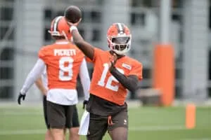 BEREA, OHIO - JULY 25: Quarterback Shedeur Sanders #12 of the Cleveland Browns passes during training camp at CrossCountry Mortgage Campus on July 25, 2025 in Berea, Ohio.