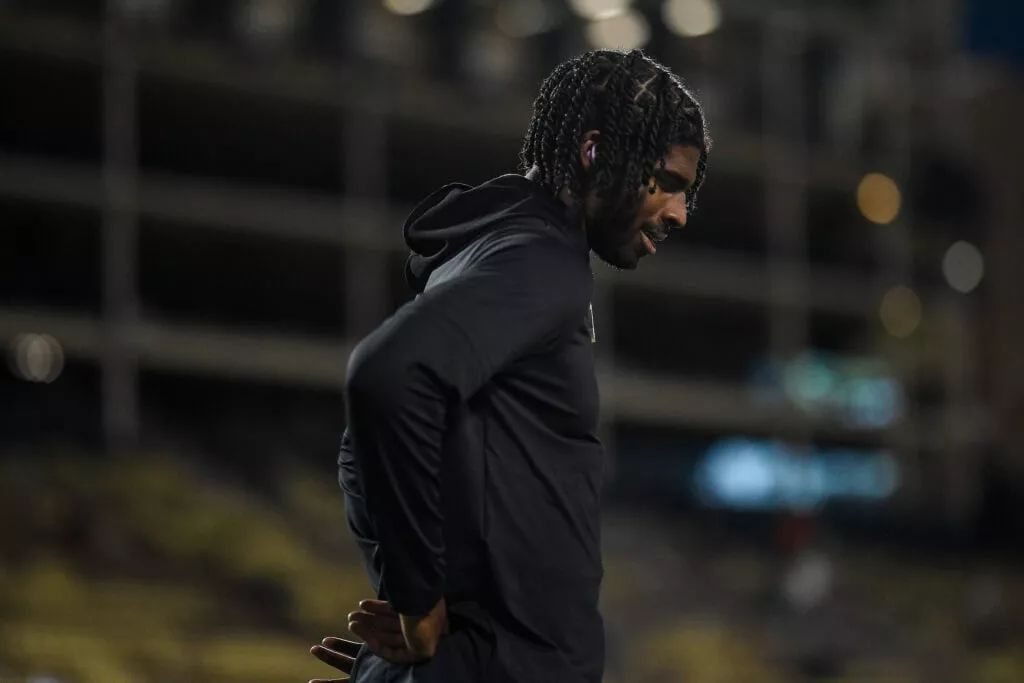 BOULDER, CO - NOVEMBER 4: Shedeur Sanders #2 of the Colorado Buffaloes warms up before a game against the Oregon State Beavers at Folsom Field on November 4, 2023 in Boulder, Colorado.