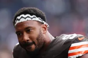 LONDON, ENGLAND - OCTOBER 05: Myles Garrett of Cleveland Browns looks on during the NFL 2025 game between Minnesota Vikings and Cleveland Browns at Tottenham Hotspur Stadium on October 05, 2025 in London, England.""
