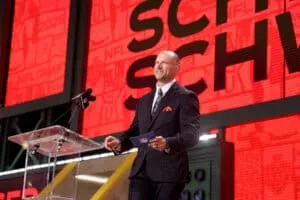 GREEN BAY, WISCONSIN - APRIL 25: Joe Thomas speaks during the second round of the 2025 NFL Draft at Lambeau Field on April 25, 2025 in Green Bay, Wisconsin.