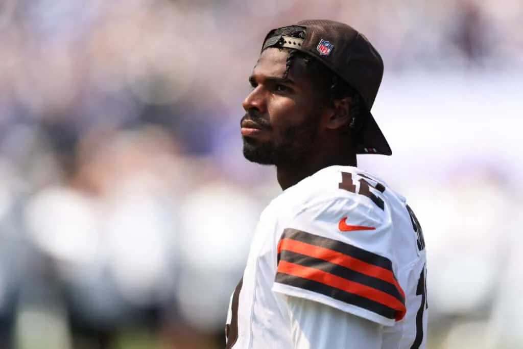 BALTIMORE, MARYLAND - SEPTEMBER 14: Shedeur Sanders #12 of the Cleveland Browns looks on prior to a game against the Baltimore Ravens at M&T Bank Stadium on September 14, 2025 in Baltimore, Maryland.