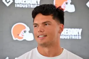 BEREA, OHIO - JULY 25: Quarterback Dillon Gabriel #5 of the Cleveland Browns talks to reporters during training camp at CrossCountry Mortgage Campus on July 25, 2025 in Berea, Ohio.