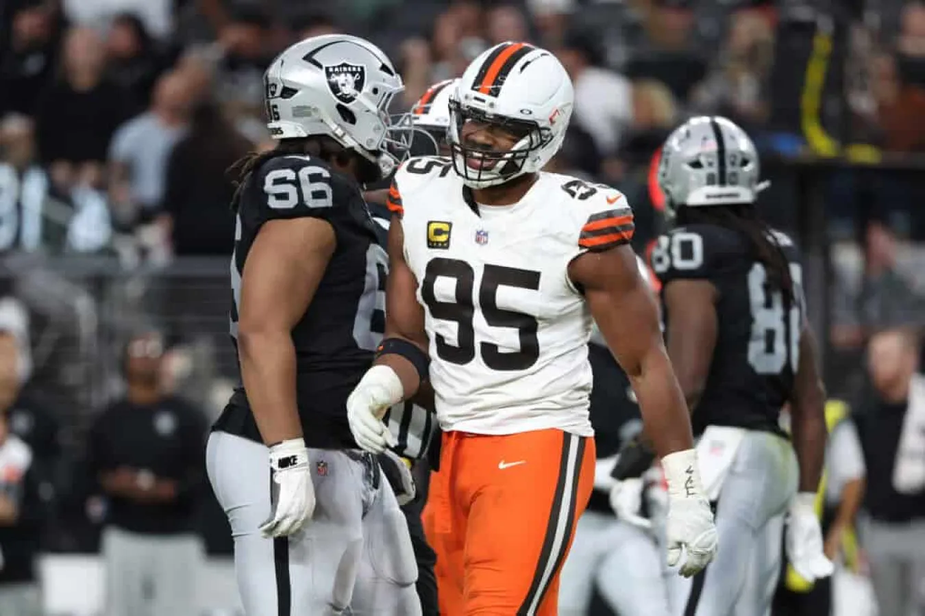 LAS VEGAS, NEVADA - NOVEMBER 23: Myles Garrett #95 of the Cleveland Browns reacts after a sack in the fourth quarter against the Las Vegas Raiders at Allegiant Stadium on November 23, 2025 in Las Vegas, Nevada.