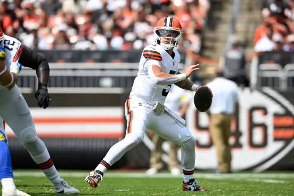 CLEVELAND, OHIO - AUGUST 23: Dillon Gabriel #5 of the Cleveland Browns throws a pass during the second quarter of an NFL Preseason 2025 game against the Los Angeles Rams at Huntington Bank Field on August 23, 2025 in Cleveland, Ohio.