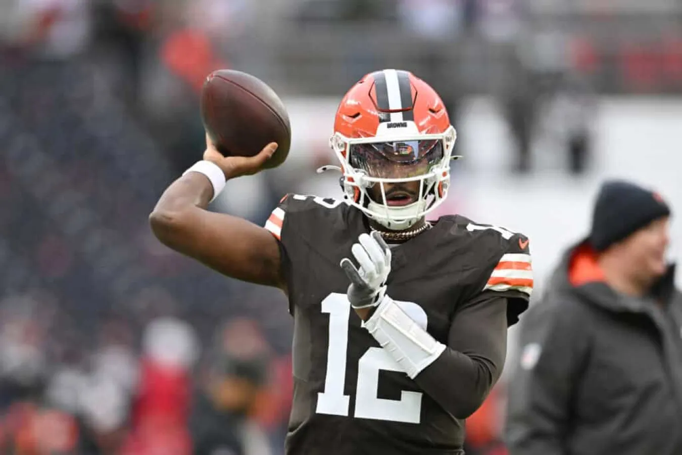 CLEVELAND, OHIO - NOVEMBER 30: Shedeur Sanders #12 of the Cleveland Browns warms up before the game against the San Francisco 49ers at Huntington Bank Field on November 30, 2025 in Cleveland, Ohio.