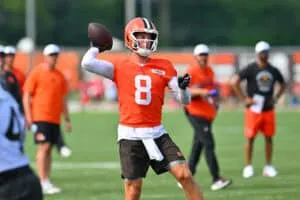 BEREA, OHIO - JULY 26: Quarterback Kenny Pickett #8 of the Cleveland Browns passes during training camp at CrossCountry Mortgage Campus on July 26, 2025 in Berea, Ohio.
