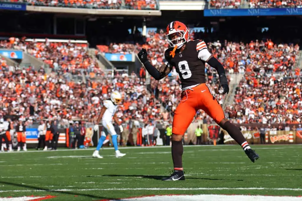 CLEVELAND, OHIO - NOVEMBER 03: Grant Delpit #9 of the Cleveland Browns reacts after a tackle for loss in the second quarter of a game against the Los Angeles Chargers at Huntington Bank Field on November 03, 2024 in Cleveland, Ohio.