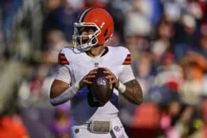 FOXBOROUGH, MASSACHUSETTS - OCTOBER 26: Dillon Gabriel #8 of the Cleveland Browns throws during the first quarter of the game against the New England Patriots at Gillette Stadium on October 26, 2025 in Foxborough, Massachusetts.