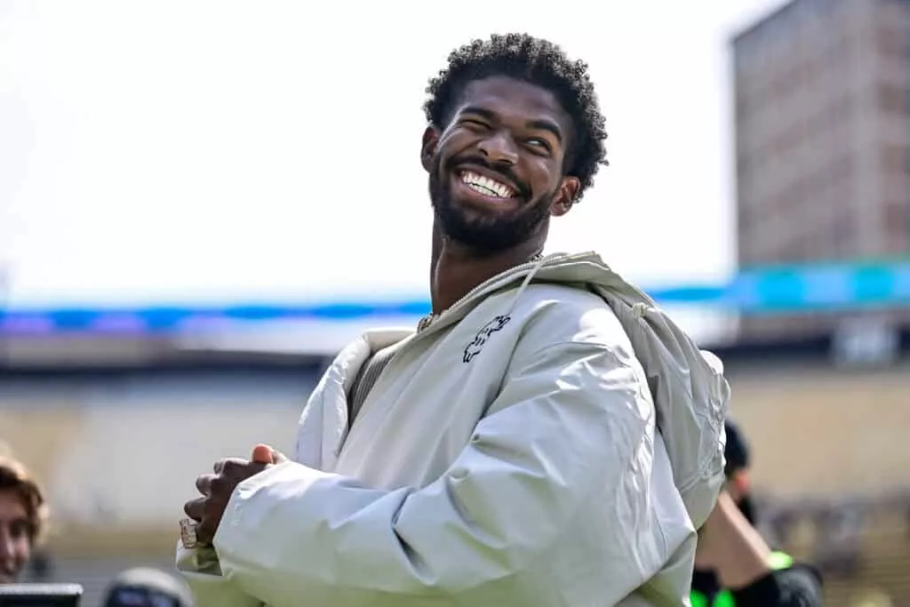 BOULDER, CO - APRIL 19: Former Colorado Buffaloes quarterback Shedeur Sanders looks on during a ceremony to retire his jersey before the Black and Gold Spring Game at Folsom Field on April 19, 2025 in Boulder, Colorado.