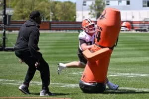 BEREA, OHIO - MAY 10: Mason Graham #94 of the Cleveland Browns runs a drill during rookie minicamp at CrossCountry Mortgage Campus on May 10, 2025 in Berea, Ohio.