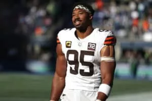SEATTLE, WASHINGTON - OCTOBER 29: Myles Garrett #95 of the Cleveland Browns looks on during the first half of a game against the Seattle Seahawks at Lumen Field on October 29, 2023 in Seattle, Washington.