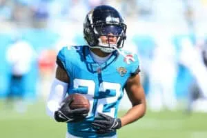 JACKSONVILLE, FLORIDA - OCTOBER 15: Tyson Campbell #32 of the Jacksonville Jaguars warms up before the game against the Indianapolis Colts at EverBank Stadium on October 15, 2023 in Jacksonville, Florida.