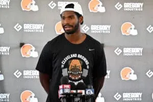 BEREA, OHIO - JULY 25: Quarterback Shedeur Sanders #12 of the Cleveland Browns talks to reporters during training camp at CrossCountry Mortgage Campus on July 25, 2025 in Berea, Ohio.
