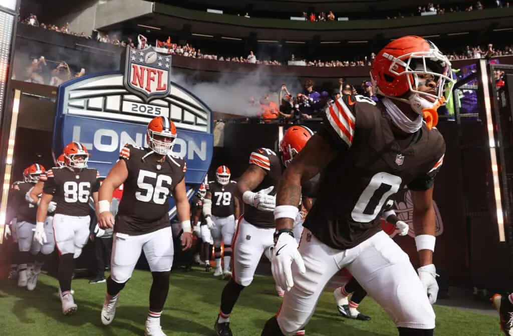 LONDON, ENGLAND - OCTOBER 05: Players of the Cleveland Browns run out of the tunnel prior to the NFL 2025 game between Minnesota Vikings and Cleveland Browns at Tottenham Hotspur Stadium on October 05, 2025 in London, England.""