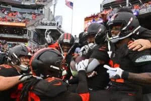 CLEVELAND, OHIO - OCTOBER 19: The Cleveland Browns defense celebrate after an interception in the game against the Miami Dolphins at Huntington Bank Field on October 19, 2025 in Cleveland, Ohio.
