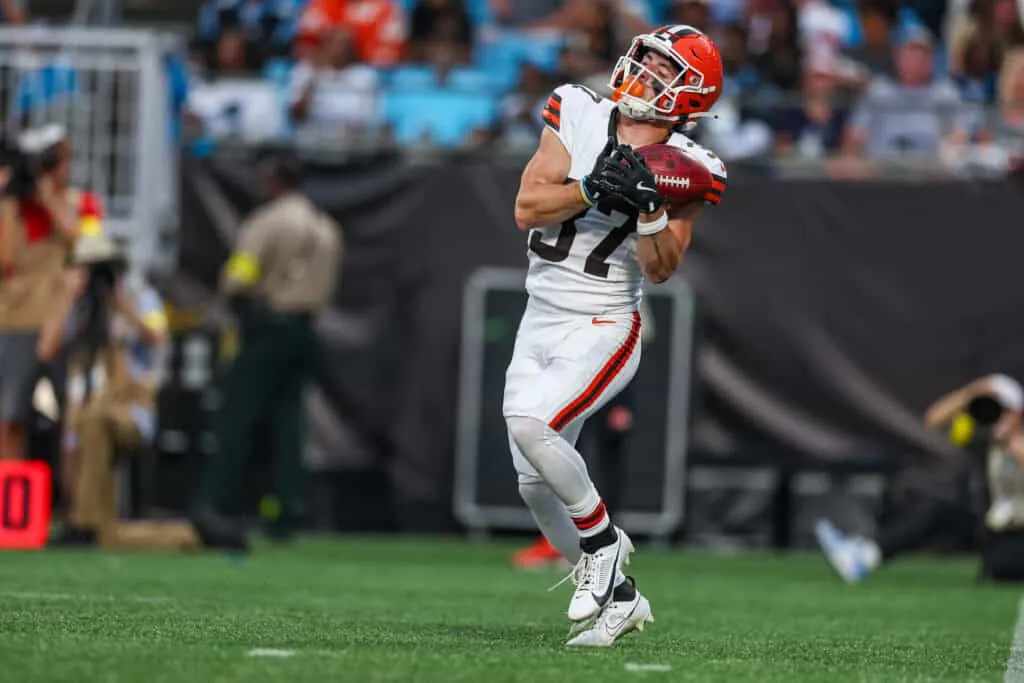 HARLOTTE, NORTH CAROLINA - AUGUST 08: Luke Floriea #37 of the Cleveland Browns returns a punt during the first half of an NFL Preseason 2025 game against the Carolina Panthers at Bank of America Stadium on August 08, 2025 in Charlotte, North Carolina.