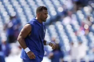ORCHARD PARK, NEW YORK - AUGUST 09: Russell Wilson #3 of the New York Giants looks on prior to an NFL Preseason 2025 game between New York Giants and Buffalo Bills at Highmark Stadium on August 09, 2025 in Orchard Park, New York.