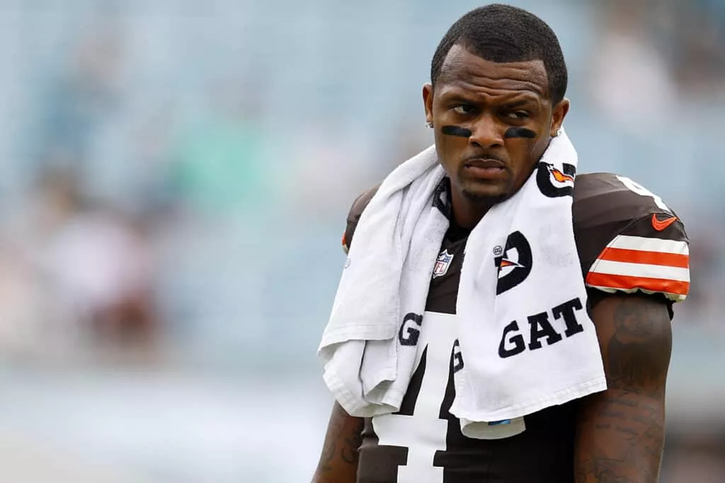 JACKSONVILLE, FLORIDA - SEPTEMBER 15: Deshaun Watson #4 of the Cleveland Browns looks on prior to the game at TrEver Bank Stadium on September 15, 2024 in Jacksonville, Florida.