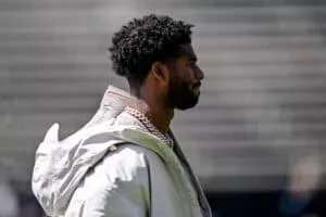 BOULDER, CO - APRIL 19: Former Colorado Buffaloes quarterback Shedeur Sanders looks on before the Black and Gold Spring Game at Folsom Field on April 19, 2025 in Boulder, Colorado.