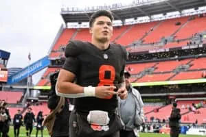 CLEVELAND, OHIO - OCTOBER 19: Dillon Gabriel #8 of the Cleveland Browns runs off the field after defeating the Miami Dolphins at Huntington Bank Field on October 19, 2025 in Cleveland, Ohio.