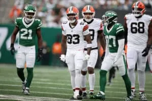 EAST RUTHERFORD, NEW JERSEY - NOVEMBER 09: Malachi Corley #83 of the Cleveland Browns celebrates against the New York Jets during the first half in the game at MetLife Stadium on November 09, 2025 in East Rutherford, New Jersey.