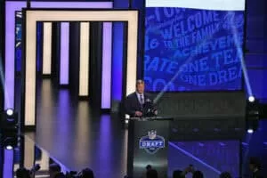 CHICAGO, IL - APRIL 28: Roger Goodell announces a draft pick during the 2016 NFL Draft at the Auditorium Theater on April 28, 2016 in Chicago, Illinois.