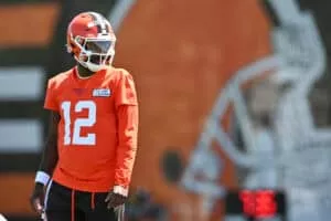 BEREA, OHIO - MAY 10: Shedeur Sanders #12 of the Cleveland Browns looks on during rookie minicamp at CrossCountry Mortgage Campus on May 10, 2025 in Berea, Ohio.