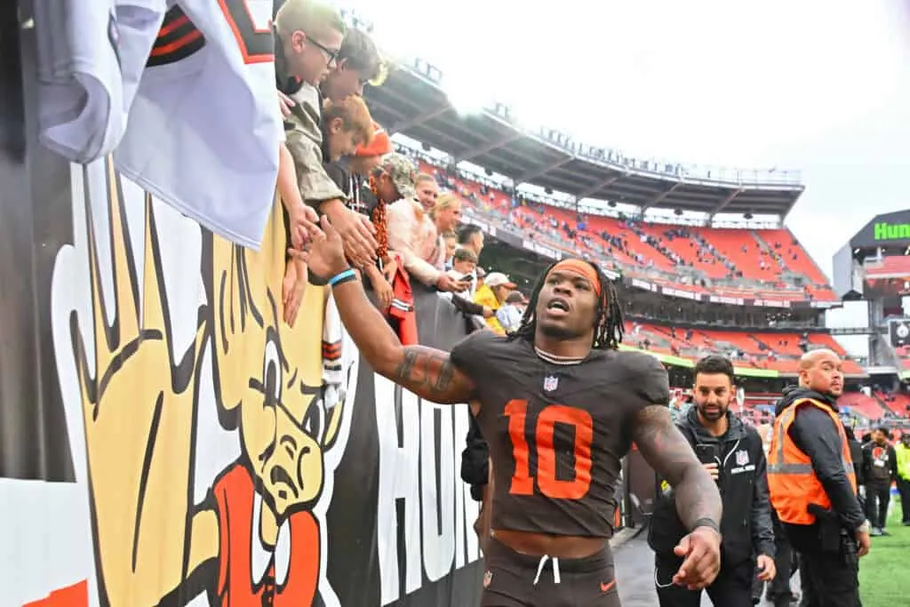 CLEVELAND, OHIO - OCTOBER 19: Quinshon Judkins #10 of the Cleveland Browns celebrates after defeating the Miami Dolphins at Huntington Bank Field on October 19, 2025 in Cleveland, Ohio.