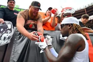 CLEVELAND, OHIO - AUGUST 23: Wide receiver Jerry Jeudy #3 of the Cleveland Browns signs autographs before a NFL Preseason 2025 game between Los Angeles Rams and Cleveland Browns at Huntington Bank Field on August 23, 2025 in Cleveland, Ohio.