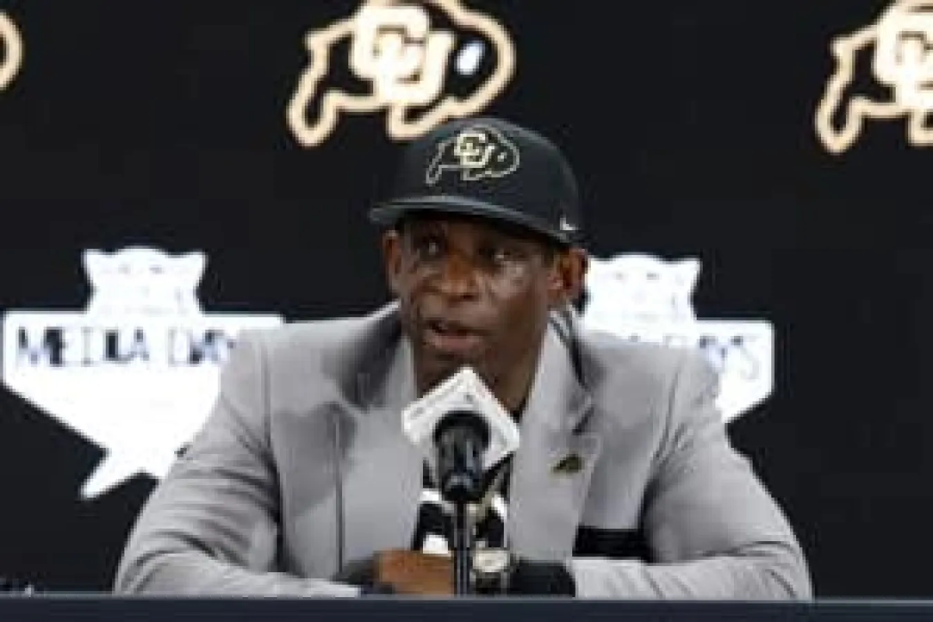 FRISCO, TEXAS - JULY 09: Head coach Deion Sanders of the Colorado Buffaloes speaks with the media during the Big 12 Media Days at The Ford Center at The Star on July 09, 2025 in Frisco, Texas.