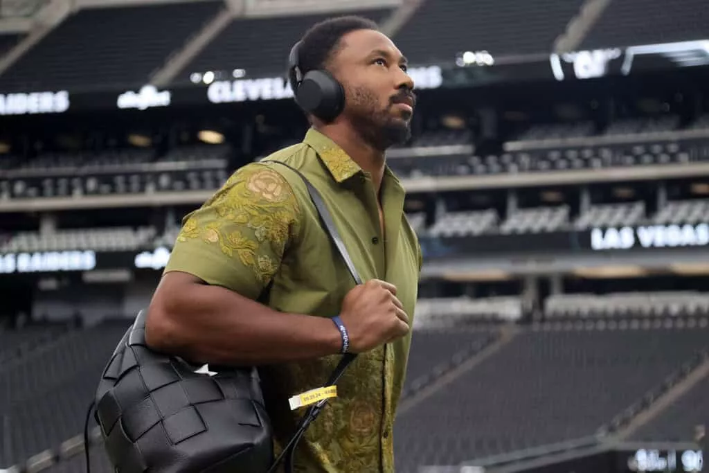 LAS VEGAS, NEVADA - SEPTEMBER 29: Myles Garrett #95 of the Cleveland Browns arrives at Allegiant Stadium before the game against the Las Vegas Raiders on September 29, 2024 in Las Vegas, Nevada.