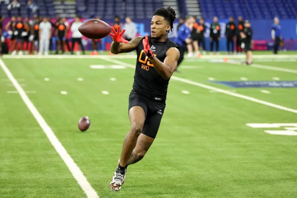 INDIANAPOLIS, INDIANA - MARCH 01: Isaiah Bond #WO05 of Texas participates in a drill during the NFL Scouting Combine at Lucas Oil Stadium on March 01, 2025 in Indianapolis, Indiana.
