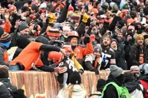 CLEVELAND, OHIO - JANUARY 09: D'Ernest Johnson #30 of the Cleveland Browns celebrates his touchdown with fans during the second quarter against the Cincinnati Bengals at FirstEnergy Stadium on January 09, 2022 in Cleveland, Ohio.