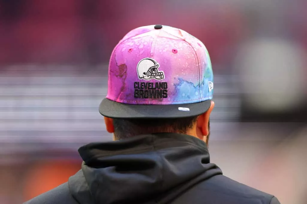 ATLANTA, GEORGIA - OCTOBER 02: Detail of the NFL Crucial Catch hat before the game between the Cleveland Browns and the Atlanta Falcons at Mercedes-Benz Stadium on October 02, 2022 in Atlanta, Georgia.
