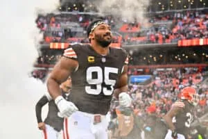 CLEVELAND, OHIO - DECEMBER 29: Myles Garrett #95 of the Cleveland Browns takes the field before playing the game against the Miami Dolphins at Huntington Bank Field on December 29, 2024 in Cleveland, Ohio.