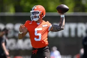 BEREA, OHIO - MAY 10: Dillon Gabriel #5 of the Cleveland Browns throws a pass during rookie minicamp at CrossCountry Mortgage Campus on May 10, 2025 in Berea, Ohio.