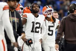 DETROIT, MICHIGAN - SEPTEMBER 28: Shedeur Sanders #12 of the Cleveland Browns looks on against the Detroit Lions during the fourth quarter at Ford Field on September 28, 2025 in Detroit, Michigan.