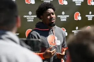 BEREA, OHIO - MAY 09: Dylan Sampson #22 of the Cleveland Browns answers questions from the media during a press conference prior to rookie minicamp at CrossCountry Mortgage Campus on May 09, 2025 in Berea, Ohio.