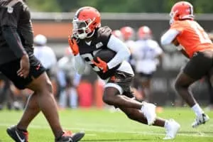 BEREA, OHIO - JUNE 04: Dylan Sampson #22 of the Cleveland Browns runs a drill during Cleveland Browns OTA offseason workouts at CrossCountry Mortgage Campus on June 04, 2025 in Berea, Ohio.